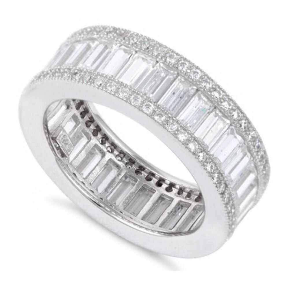 Sterling Silver Emerald Cut Eternity Pave CZ Ring New